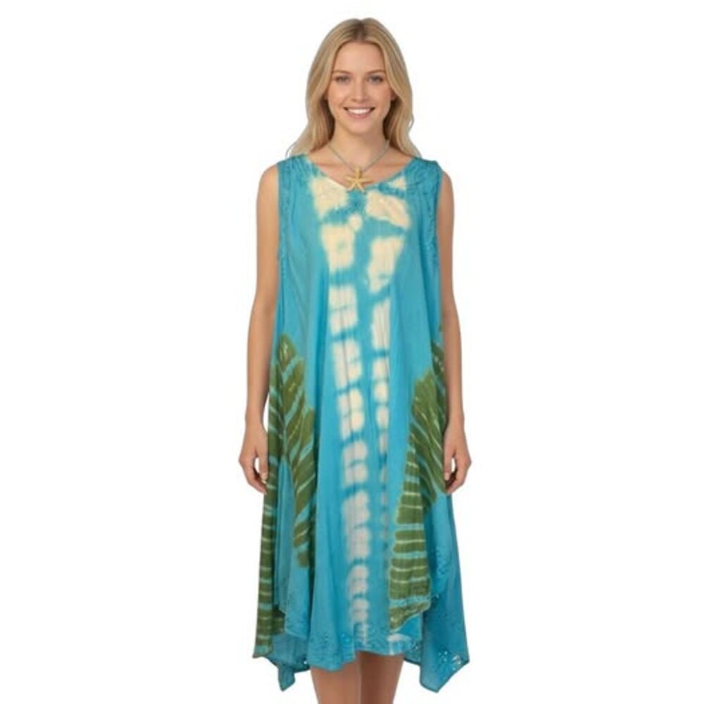 Blue Green Cream One‎ Size Beach Coverup. Tie Dye Macrame back. Vacation. Sun